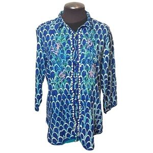 Antica Santoria Blue Batik Watercolor Coral Embroidered Button Down Blouse